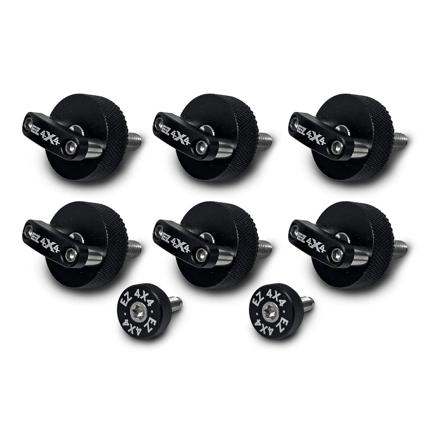 Close-up of six large, black EZ4X4 Quick Release Thumb Screws with integrated D-rings, alongside two smaller, circular thumb screws, isolated on a white background.