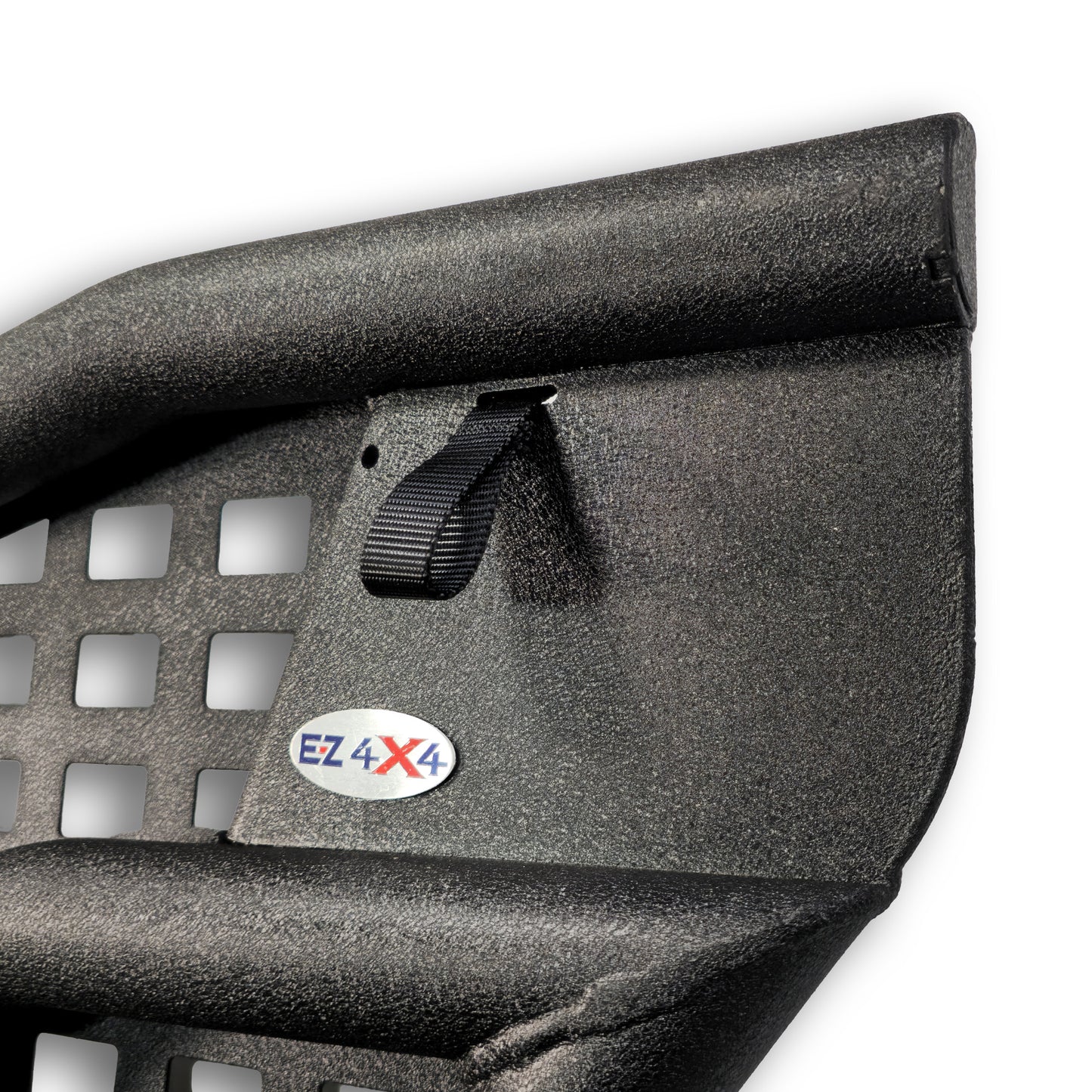 Close-up of pull flap on Alpha aluminum door, showing textured grip and durable material for easy, reliable operation.