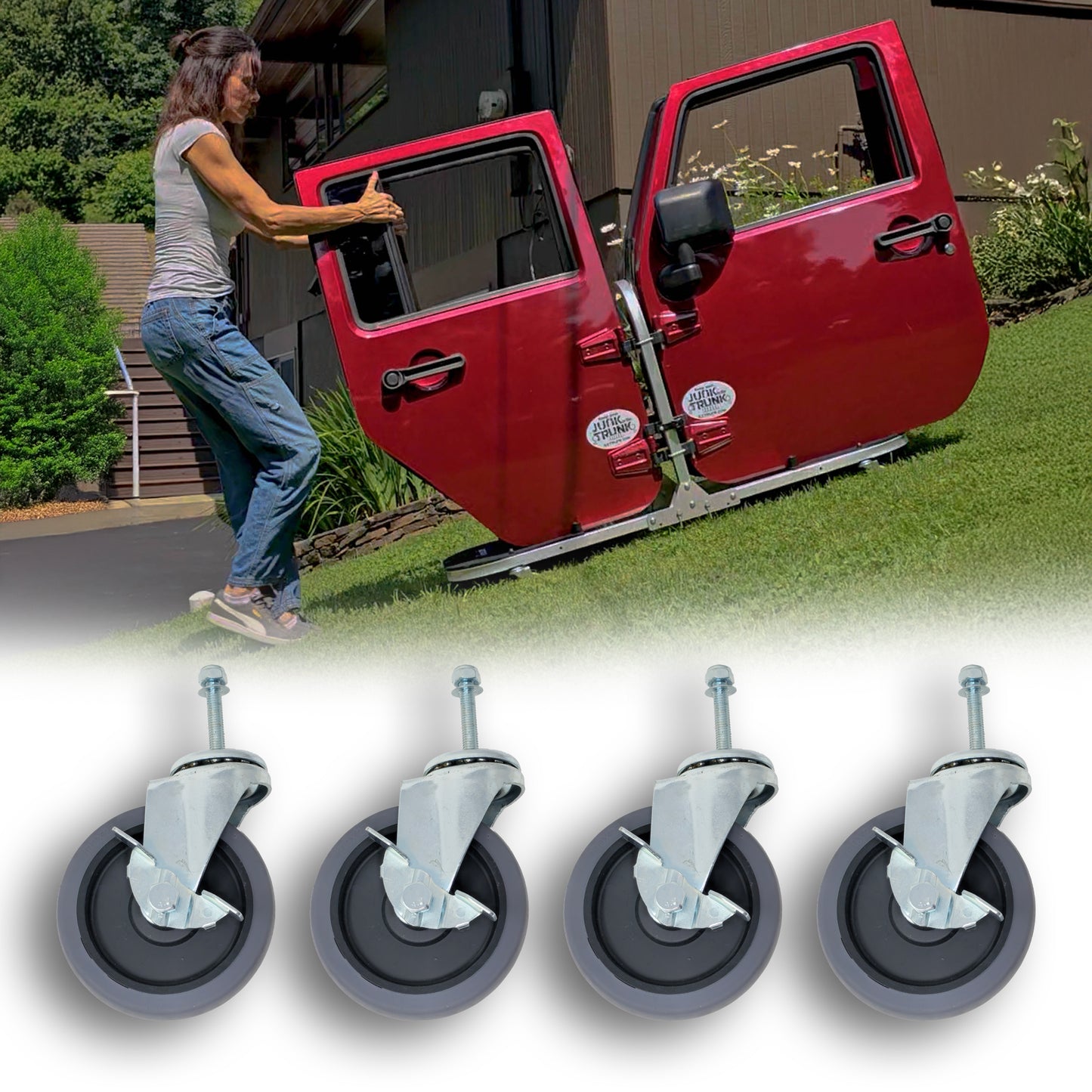 Four 4-inch metal and rubber caster wheels shown as woman uses rolling cart to move red Jeep doors with ease and stability.