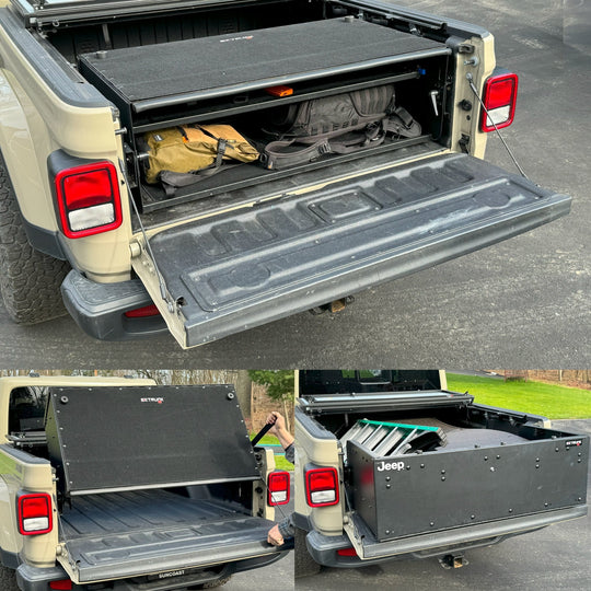 EZ4X4 Bed Box and tailgate extender for Jeep Gladiator JT, showing secure truck bed storage and versatile gear organization.