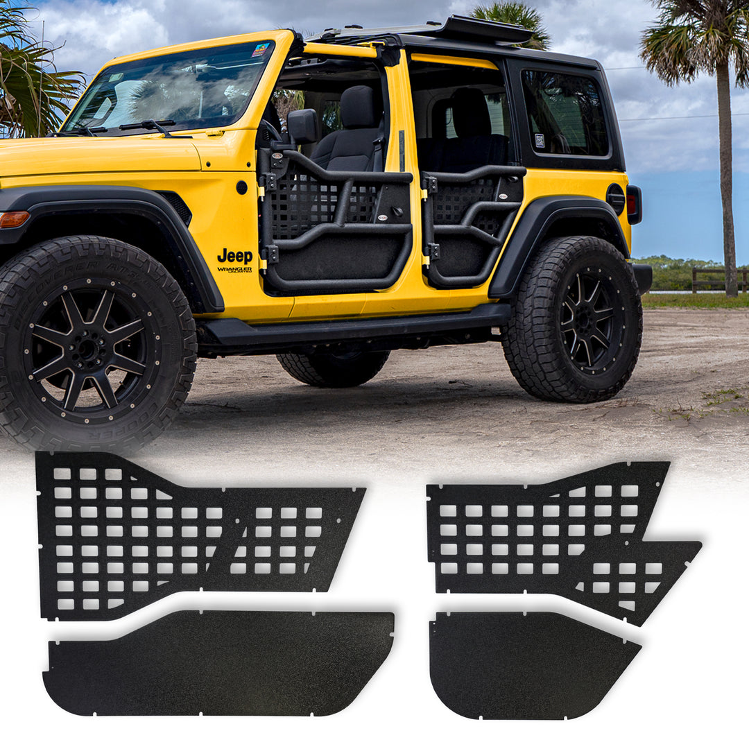 Yellow 4-door Jeep with Alpha tube doors and panels, plus close-up on white background showing weather-resistant design.