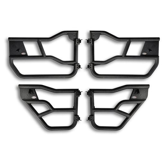 Close-up images of black aluminum Alpha doors for Ford Broncos, showcasing durable construction and detailed design features.