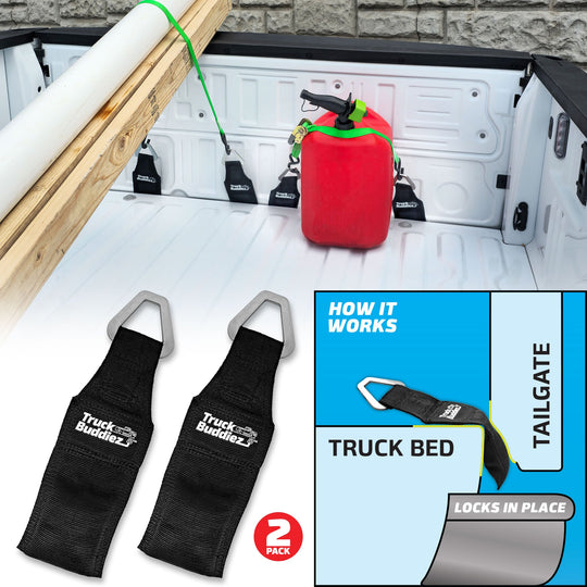 2-pack Truck Buddiez Bed Anchor straps with logo securing red cooler to truck tailgate for safe cargo transport.