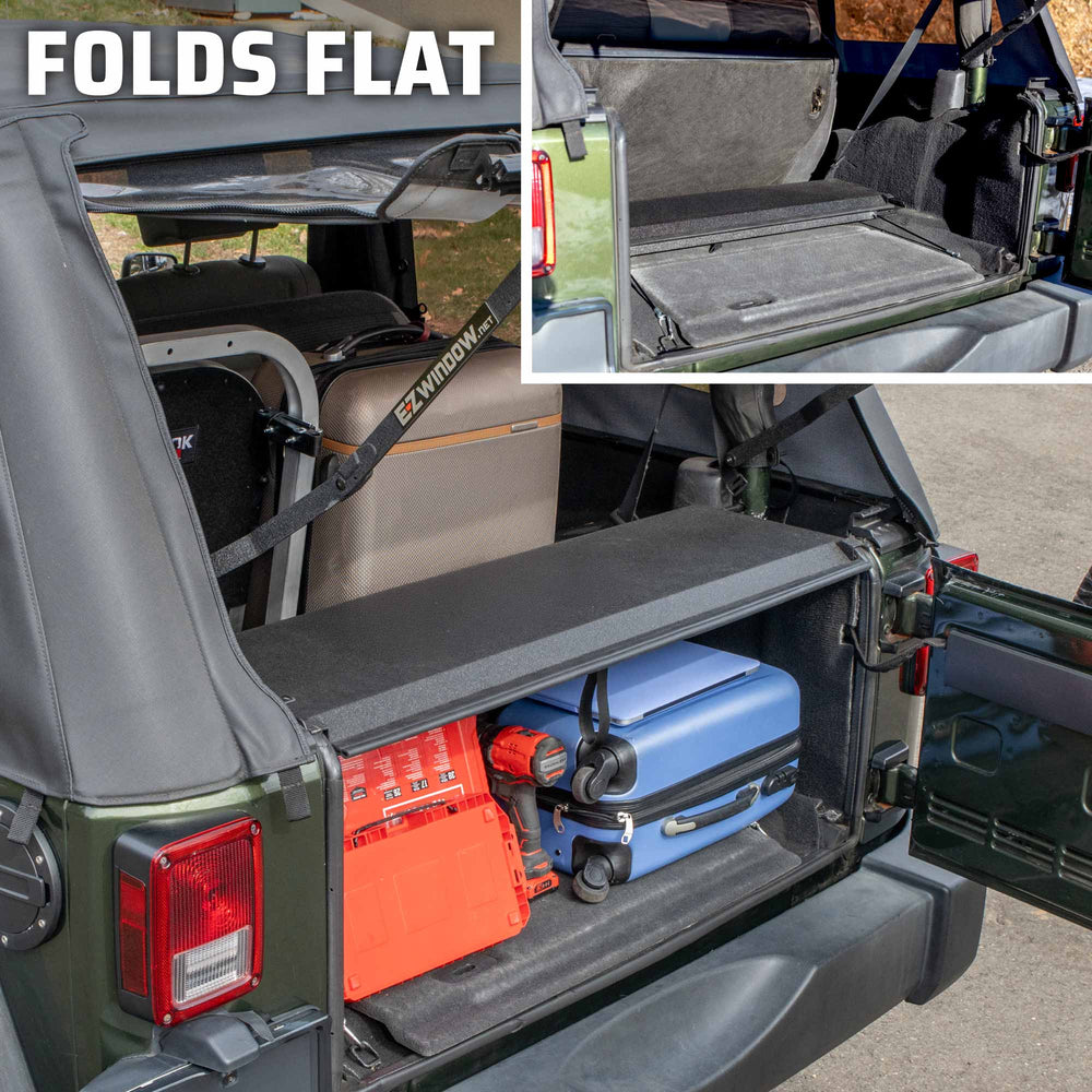 Two images of EZTrunk in Jeep Wrangler: one expanded with gear inside, the other folded flat for compact, modular storage.