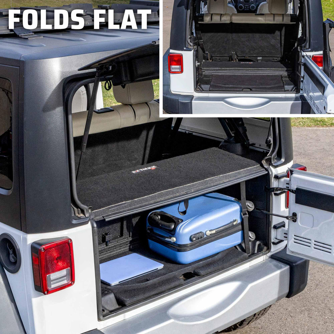 Two images of EZTrunk in Jeep Wrangler: one expanded with gear inside, the other folded flat for compact, modular storage.