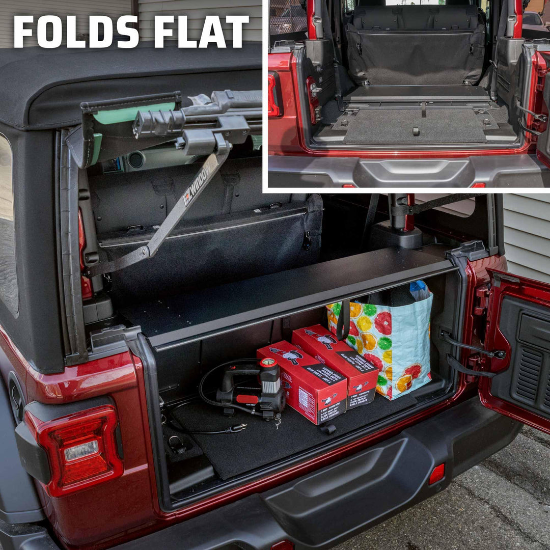 Two images of EZTrunk in red Jeep Wrangler: one expanded with gear, the other folded flat, showing compact storage.