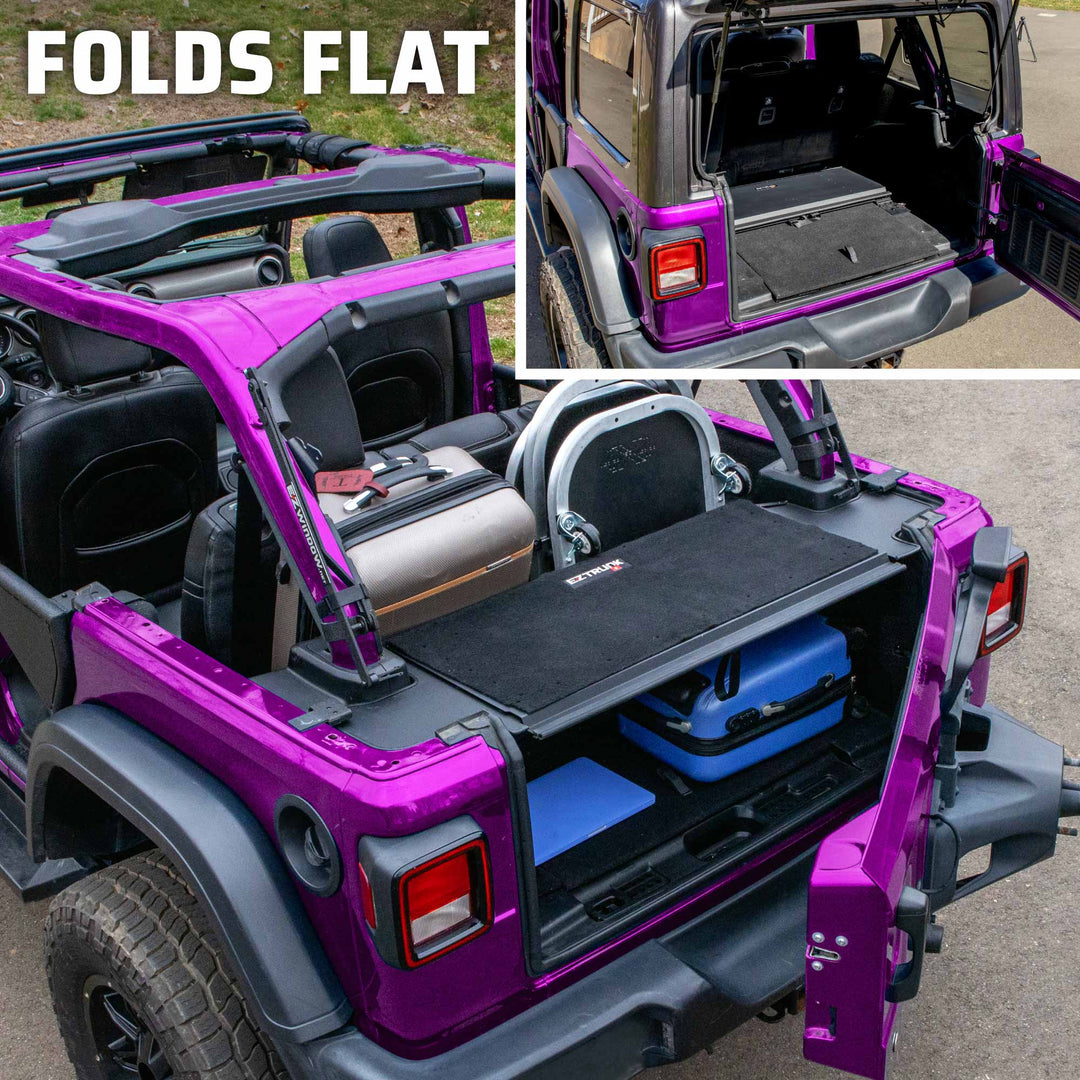 Black EZTrunk in pink Jeep Wrangler cargo area, shown in use with gear inside and folded flat for concealment.