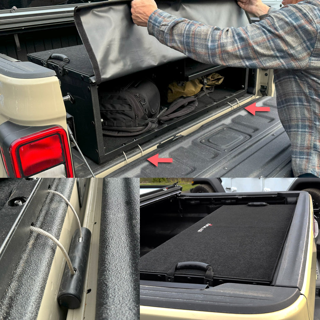 Collage of portable truck bed box in use, highlighting aluminum/steel build, secure locking, and space-saving cargo design.