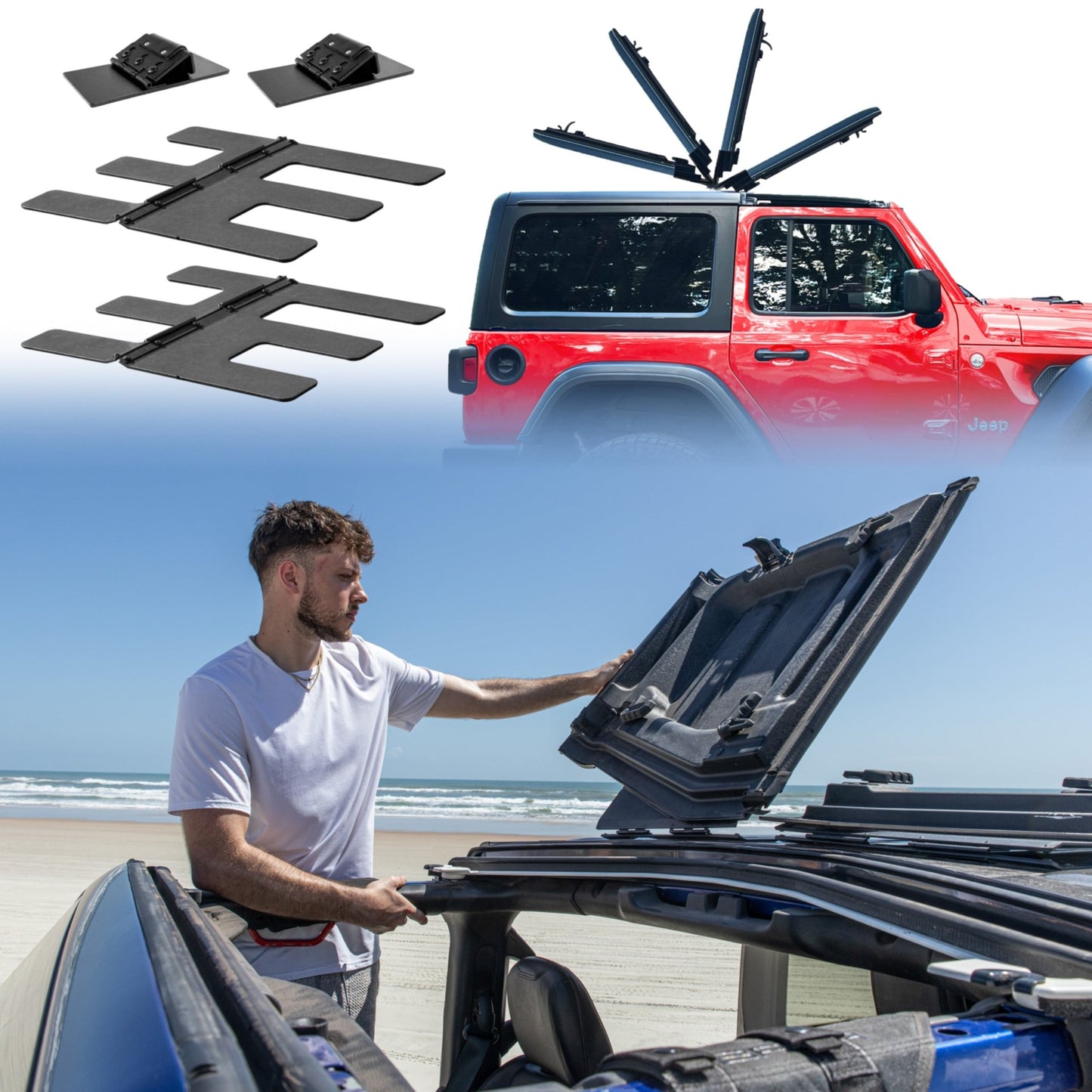 Collage showing blue Jeep JLU 4 Door with EZFlipTop flipped to roof and person demonstrating easy, one-person operation.