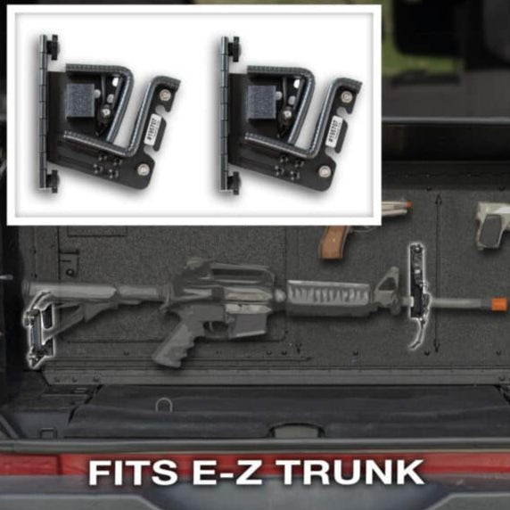 Rifle stored in EZTrunk with EZ4X4 gun mount, showing safe, organized storage for tactical and outdoor gear.