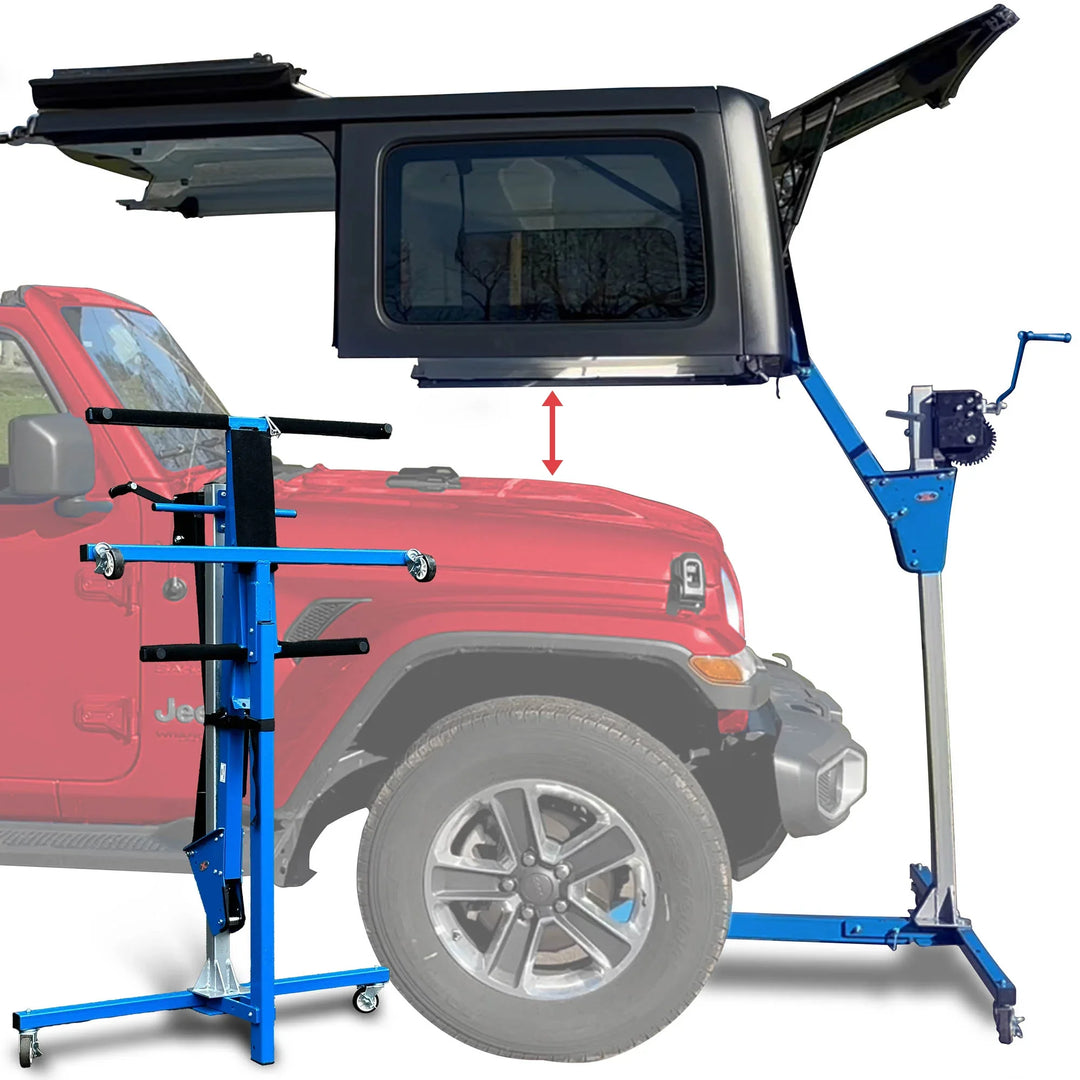 EZ4x4 blue steel hardtop lift removing Jeep roof, compatible with Jeep and Bronco for easy one-person hardtop removal.