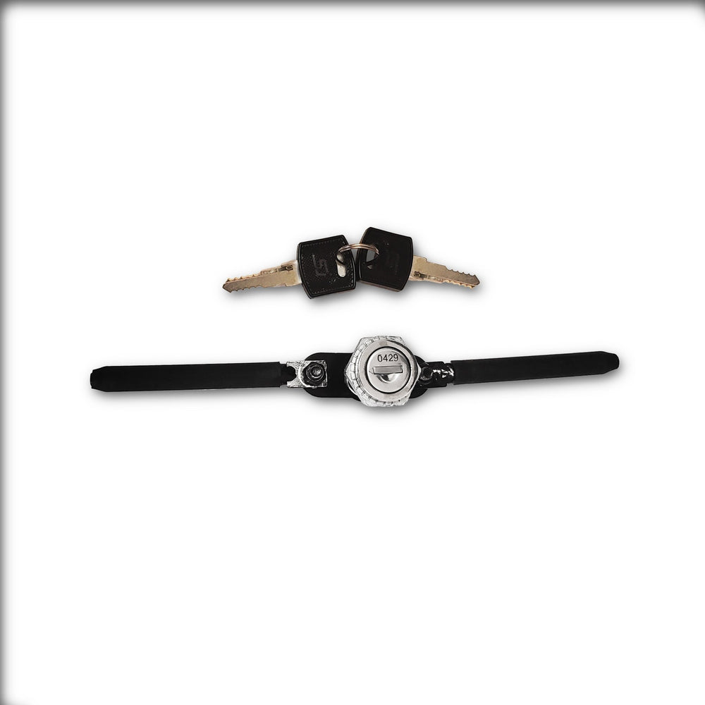 Black and silver lock with keys for top-opening trunks, providing secure, durable protection for your cargo storage.