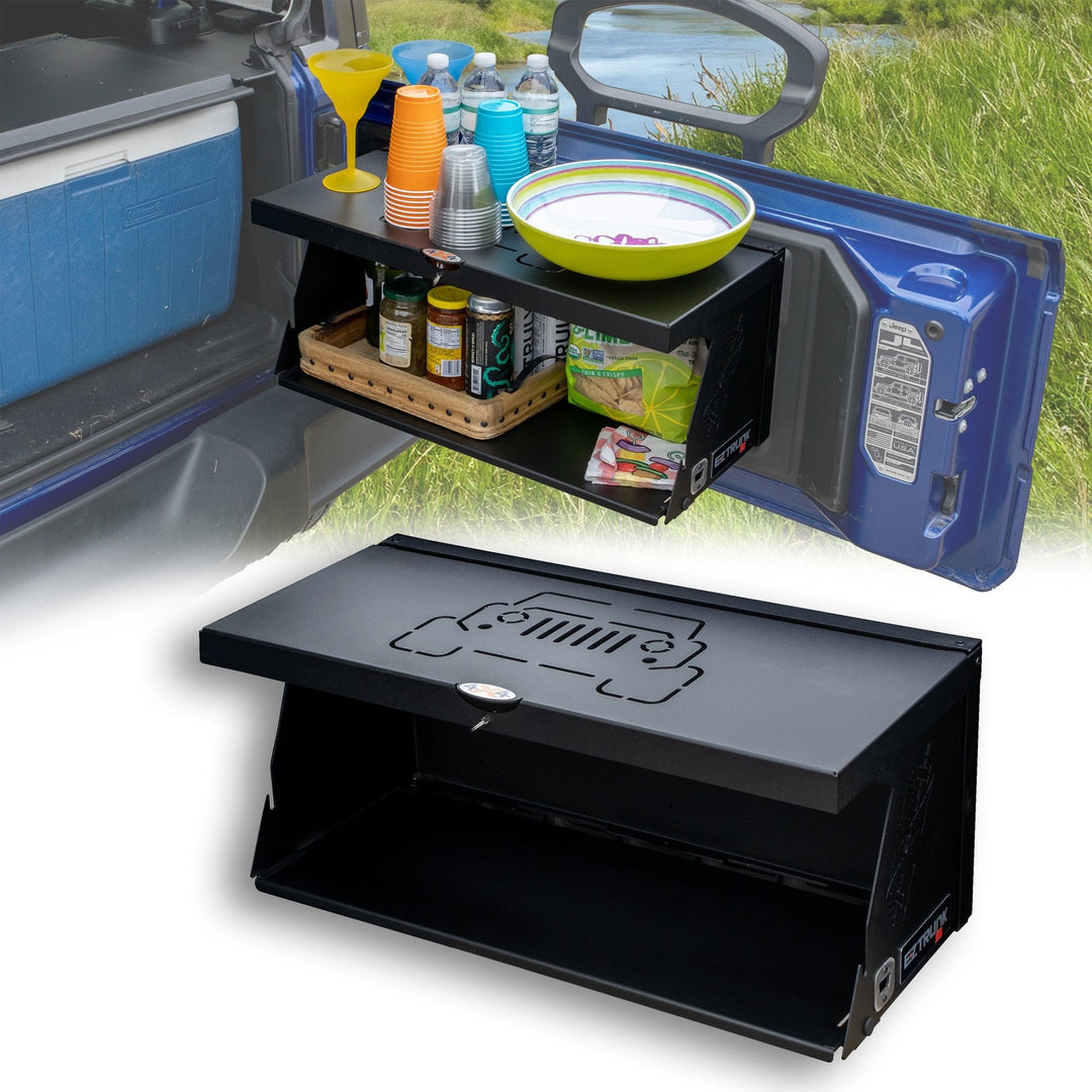 Black foldable tailgate table mounted on Jeep and shown solo, highlighting portable, trail-ready gear for camping use.