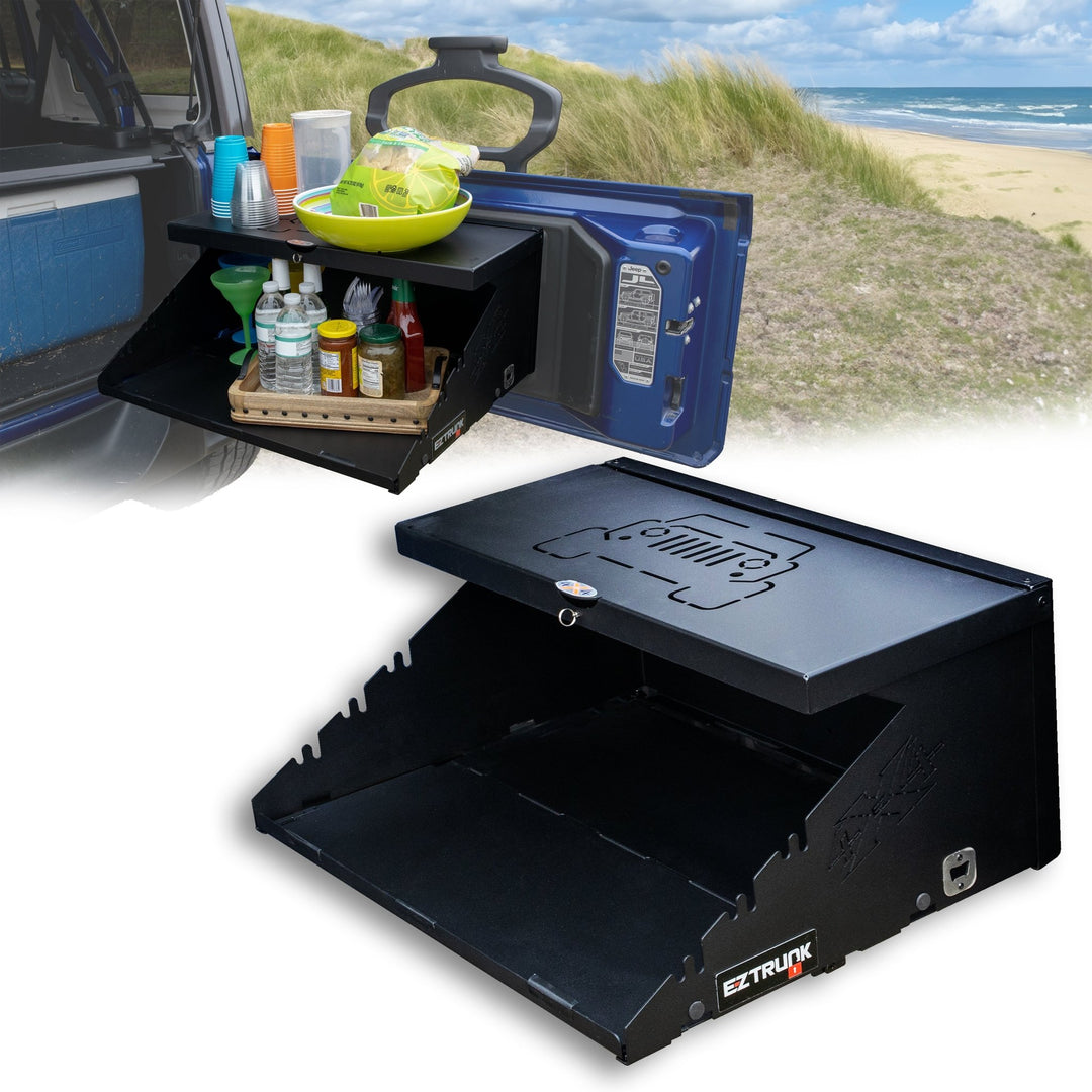 Collage of Extreme Folding Tailgate: one in blue Jeep storing food and drinks, another close-up shown empty.