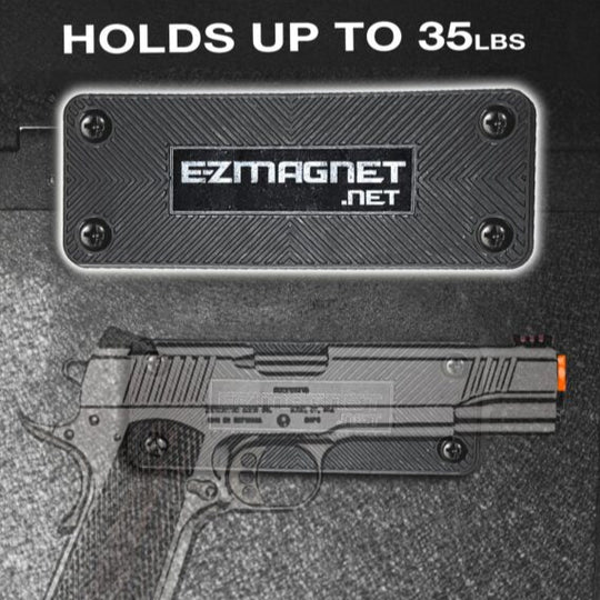 Rubber-coated magnetic gun holder with text 'Holds up to 35 lbs,' showcasing secure firearm storage for vehicles or home use.