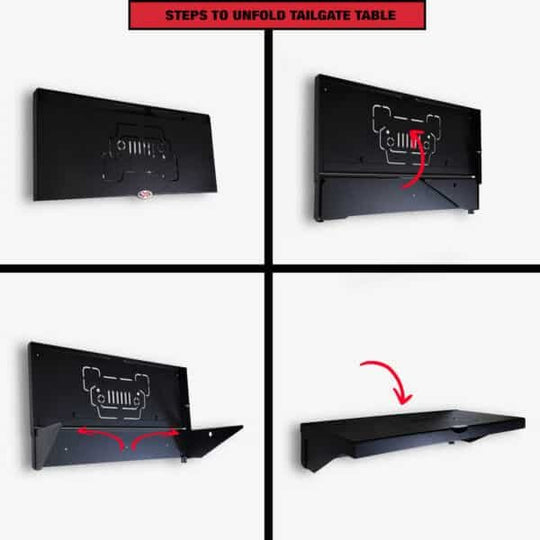 Step-by-step image guide showing how to unfold Jeep tailgate table—highlighting quick setup, space-saving, and rugged design.