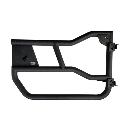 Close-up of black aluminum Alpha doors for Ford Bronco, showing durable construction and unique design features.