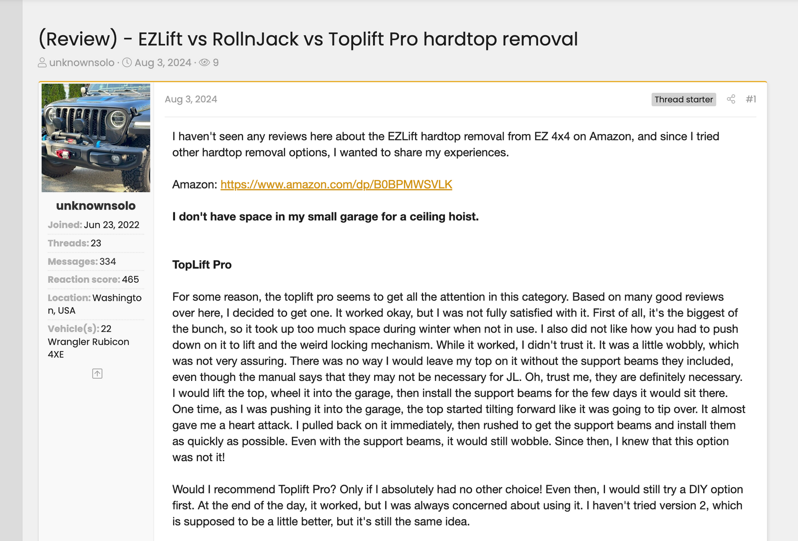 JLWranglerForums Review: EZ4X4 vs RollnJack vs Toplift Pro: Hard Top Removal Comparison