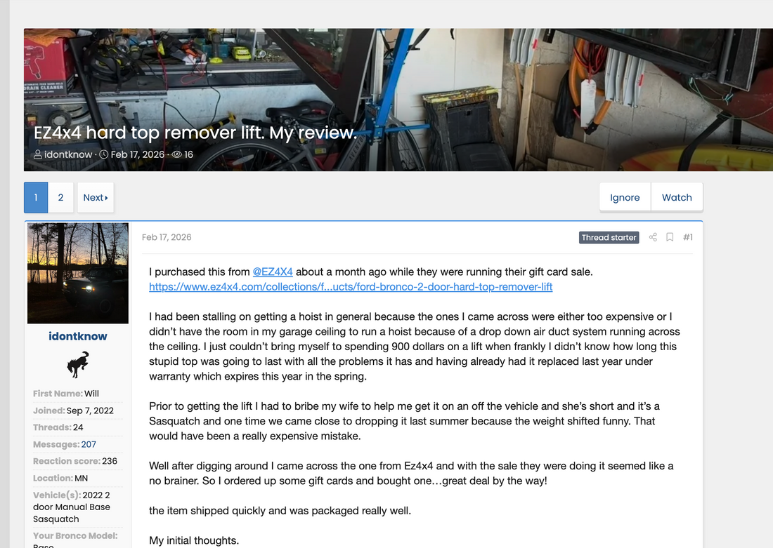 Bronco6G Review: EZ4x4 hard top remover lift. My review.