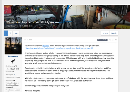 Bronco6G Review: EZ4x4 hard top remover lift. My review.