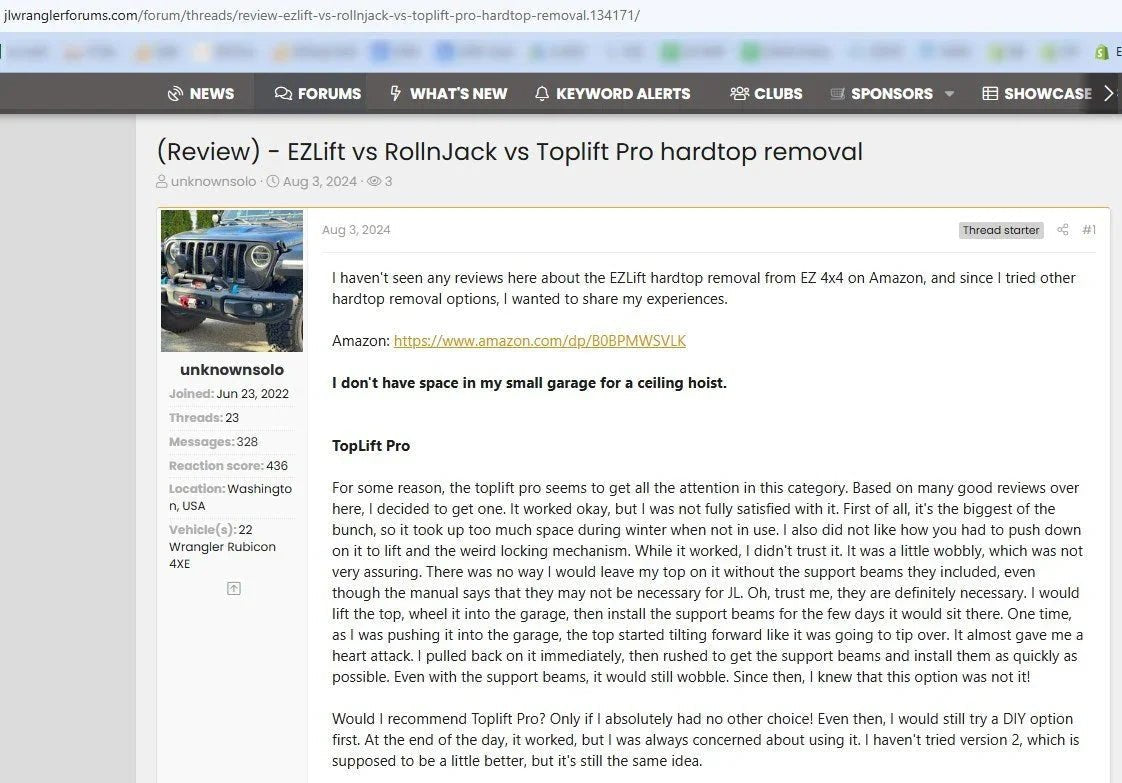 Blogpost screenshot regarding hardtop remover lift brand rollinjack, toplift pro, and EZ4X4.