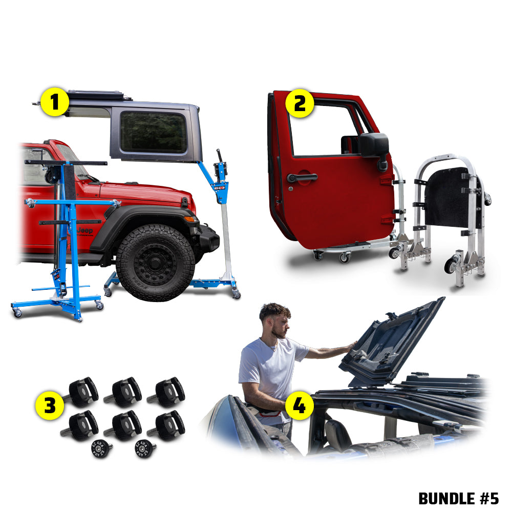 EZ4X4 Go Fully Naked Bundle #5 for Jeep Wrangler JK, including Hard Top Remover Lift, Door Cart, Thumb Screws, and EZ FlipTop.