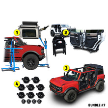 EZ4X4 Go Fully Naked Bundle #7 for Ford Bronco 4-door, including Hard Top Remover Lift, Door Cart, Thumb Screws, and Middle Panel Roof Rack.