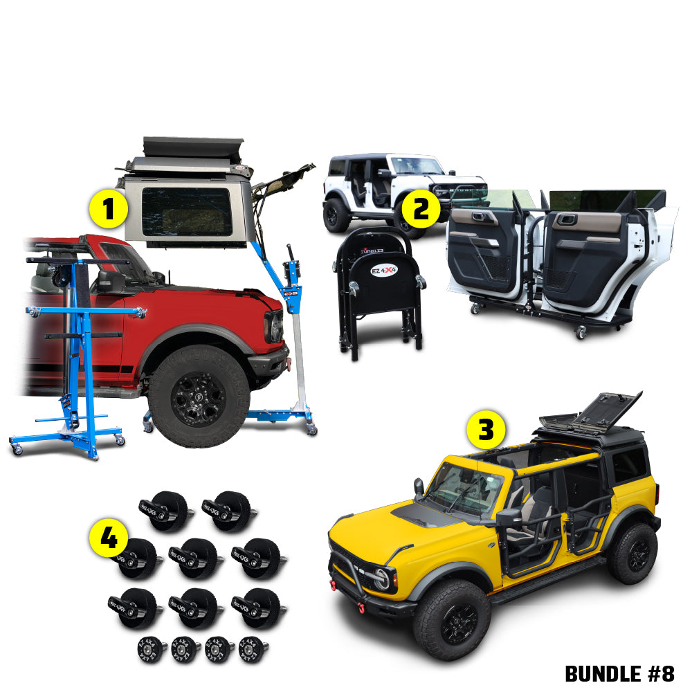 EZ4X4 Go Fully Naked Bundle #8 for Ford Bronco 4-door, including Hard Top Remover Lift, Door Cart, Thumb Screws, EZ FlipTop, and Middle Panel Roof Rack.