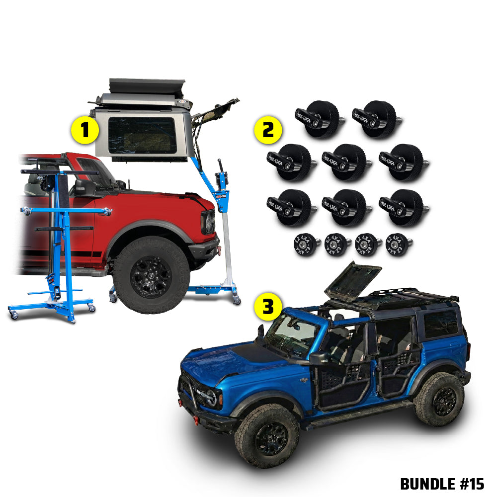 EZ4X4 Take Your Top Off Bundle #15 for Ford Bronco 4-door, including Hard Top Remover Lift, Thumb Screws, and EZ FlipTop.