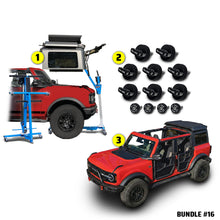EZ4X4 Take Your Top Off Bundle #16 for Ford Bronco 4-door, including Hard Top Remover Lift, Thumb Screws, and Middle Panel Roof Rack Holder.