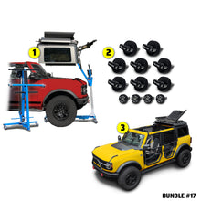 EZ4X4 Take Your Top Off Bundle #17 for Ford Bronco 4-door, including Hard Top Remover Lift, Thumb Screws, EZ FlipTop, and Middle Panel Roof Rack Holder.