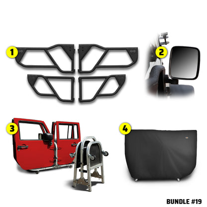 EZ4X4 Razor Door Bundle #19 for Jeep Wrangler JLU, including Razor tube doors, mirrors, door cart, and door cart cover.