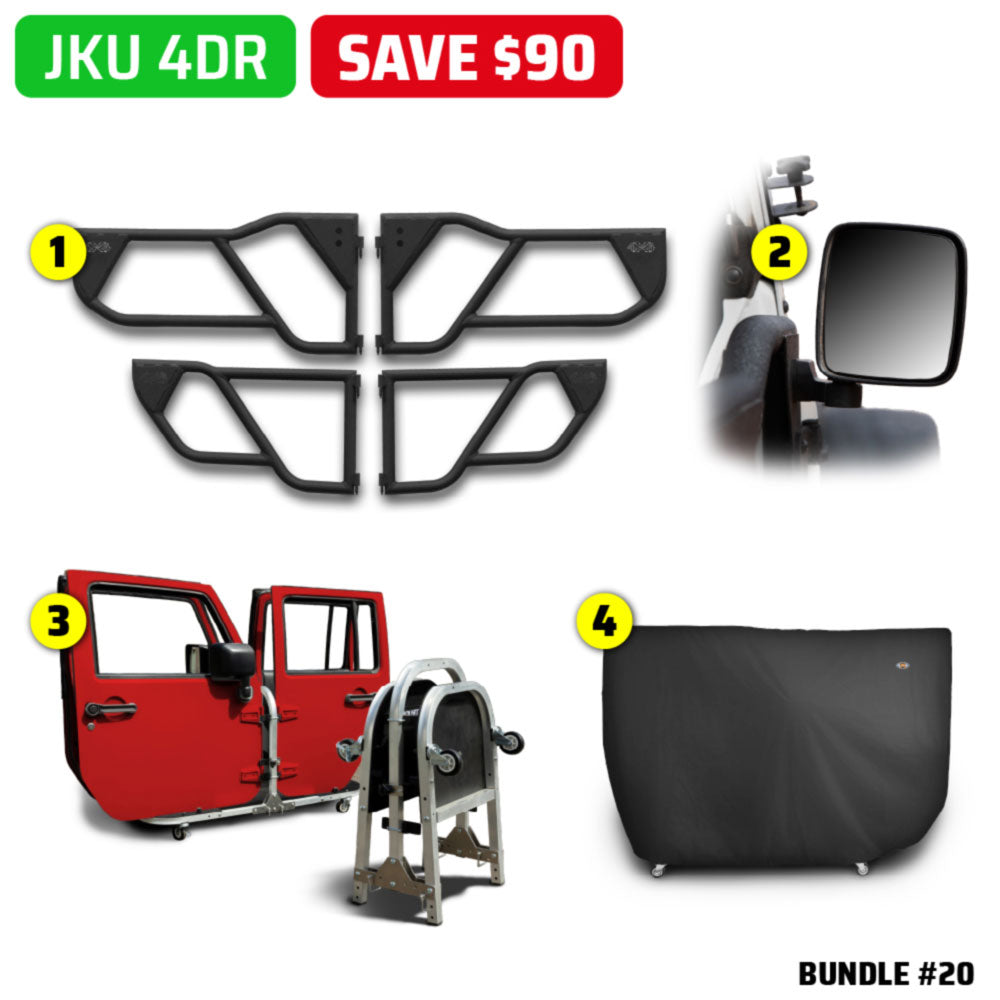 2007–2018 JKU 4DR (Razor Aluminum Tube Doors + Rectangle Mirrors + Door Cart + Cover) Razor Door Bundle #20