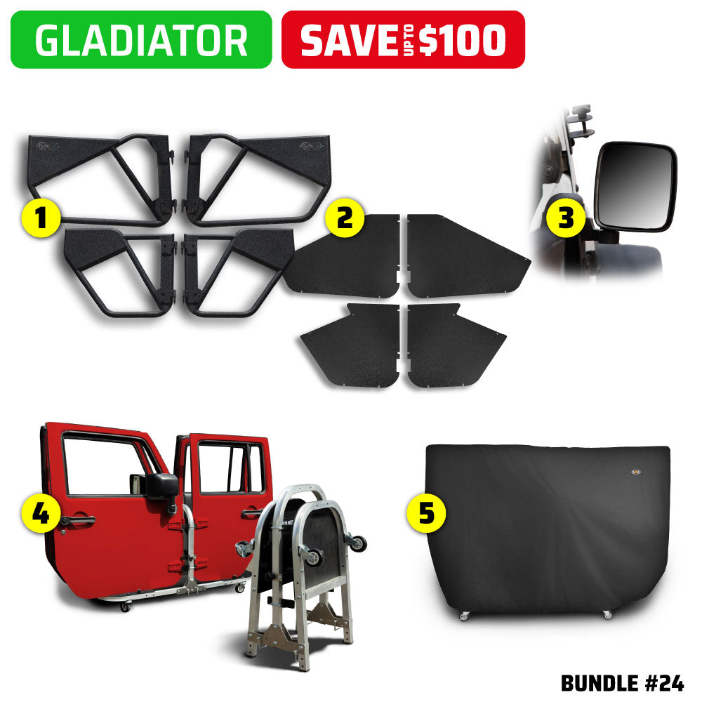 EZ4X4 Alpha Door Bundle #24 for Jeep Gladiator, including Phantom tube doors, All-Weather Panels, mirrors, door cart, and door cart cover, save $100.