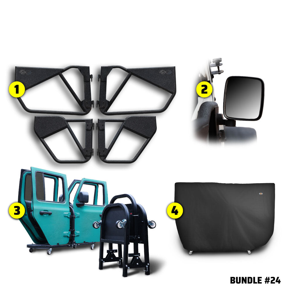 EZ4X4 Alpha Door Bundle #24 for Jeep Gladiator, including Phantom tube doors, mirrors, door cart, and door cart cover.