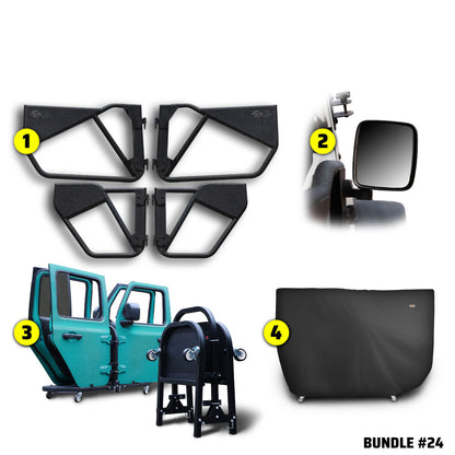EZ4X4 Alpha Door Bundle #24 for Jeep Gladiator, including Phantom tube doors, mirrors, door cart, and door cart cover.