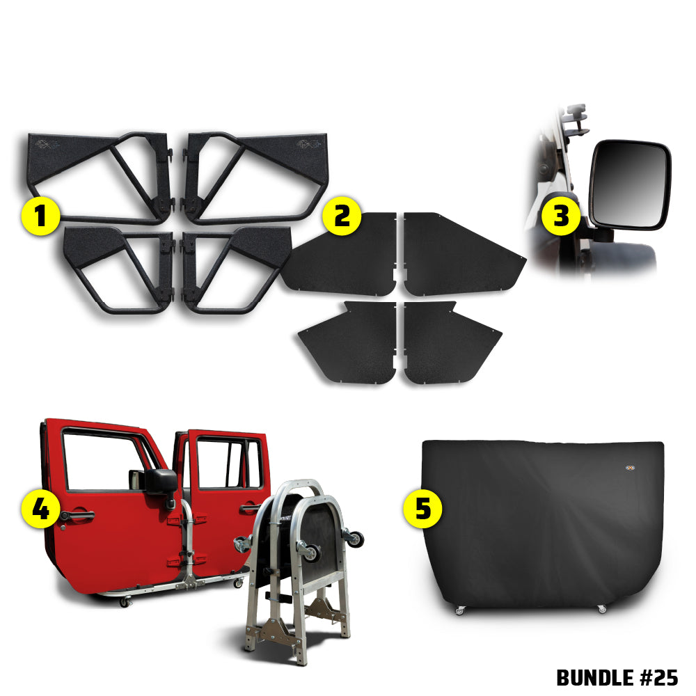 EZ4X4 Alpha Door Bundle #25 for Jeep Wrangler JKU, including Phantom tube doors, All-Weather Panels, mirrors, door cart, and door cart cover.