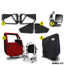EZ4X4 Alpha Door Bundle #27 for Jeep Wrangler JK, including Phantom tube doors, All-Weather Panels, mirrors, door cart, and door cart cover.