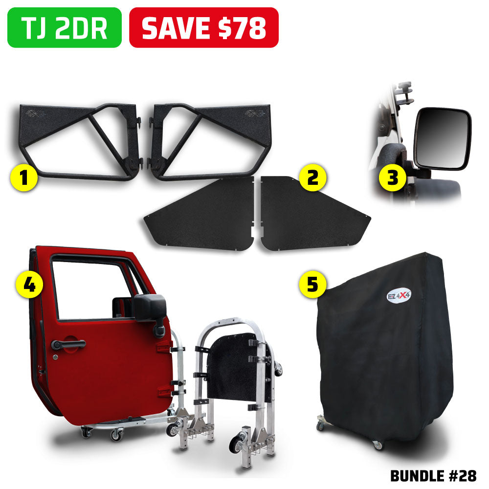 EZ4X4 Alpha Door Bundle #28 for Jeep Wrangler TJ, including Phantom tube doors, All-Weather Panels, mirrors, door cart, and door cart cover, save $78.