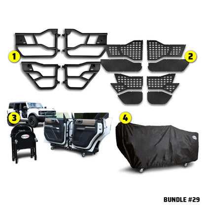 EZ4X4 Alpha Door Bundle #29 for Ford Bronco 4-door, including Alpha Tube Doors, MOLLE Panels, door cart, and door cart cover.