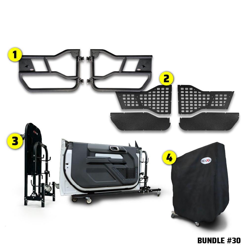 EZ4X4 Alpha Door Bundle #30 for Ford Bronco 2-door, including Alpha Tube Doors, MOLLE Panels, door cart, and door cart cover.
