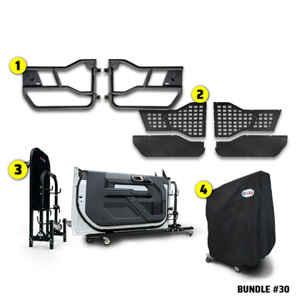 EZ4X4 Alpha Door Bundle #30 for Ford Bronco 2-door, including Alpha Tube Doors, MOLLE Panels, door cart, and door cart cover.