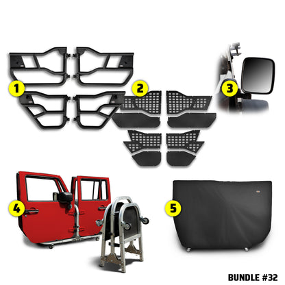 EZ4X4 Alpha Door Bundle #32 for Jeep Wrangler JKU 4-door, including Alpha Tube Doors, MOLLE Panels, mirrors, door cart, and door cart cover.