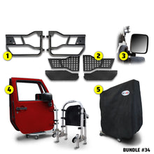 EZ4X4 Alpha Door Bundle #34 for Jeep Wrangler JK 2-door, including Alpha Tube Doors, MOLLE Panels, mirrors, door cart, and door cart cover.