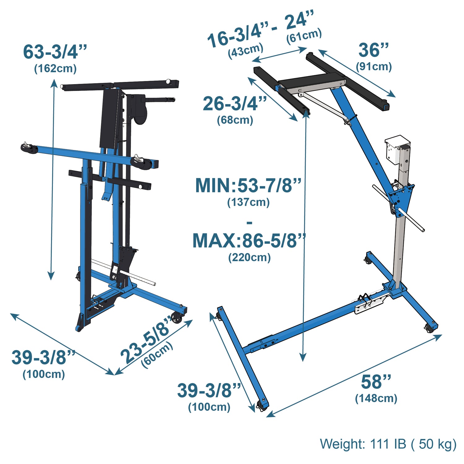 Technical diagram of the EZ4X4 Hard Top Remover Lift shown expanded and folded with labeled dimensions.