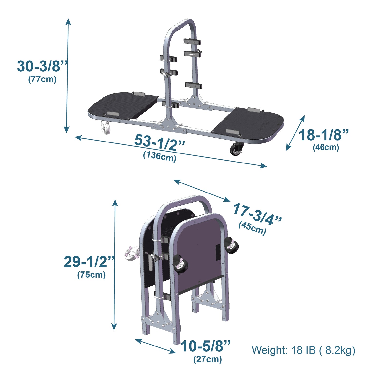 Technical diagram of the EZ4X4 Door Cart for 4-Door Jeep Wranglers and Gladiator shown expanded and folded with labeled dimensions.