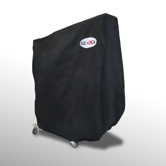 Front and side view of black EZ4X4 2-Door Cart Cover, showing protective, weather-resistant design for secure door storage.