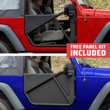 Red and blue 2-door Jeep Wranglers with EZ4X4 Phantom Tube Doors, blue model showing All-Weather Panels, free panel kit included.