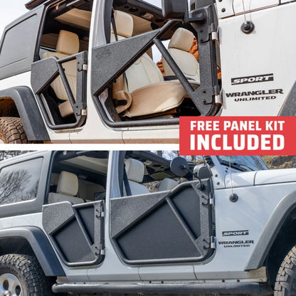 White and gray 4-door Jeep Wranglers with EZ4X4 Phantom Tube Doors, gray model showing All-Weather Panels, free panel kit included.