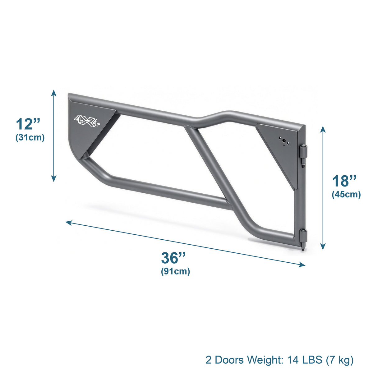 Technical diagram of the EZ4X4 Razor Tube Doors for Jeep JK Wrangler shown with labeled dimensions.